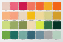 Load image into Gallery viewer, a labeled grid of the different kona cotton fabric colours by robert kaufman; petal, dragon fruit, honeysuckle, tangerine, orangeade, canaloupe, ice peach, school bus, grellow, banana pepper, wasabi, pickle, lemon ice, acid lime, botanica, Parakeet, ice frappe, Breakers, Cadet, Fog, Seafoam