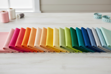 Load image into Gallery viewer, kona cotton fabric by robert kaufman, Petal, Dragon Fruit, Honeysuckle, Tangerine, Orangeade, Canaloupe, Ice Peach, School Bus, Grellow, Banana Pepper, Wasabi, Pickle, Lemon Ice, Acid Lime, Botanical, Parakeet, Ice frappe, Breakers, Cadet, Fog, Seafoam