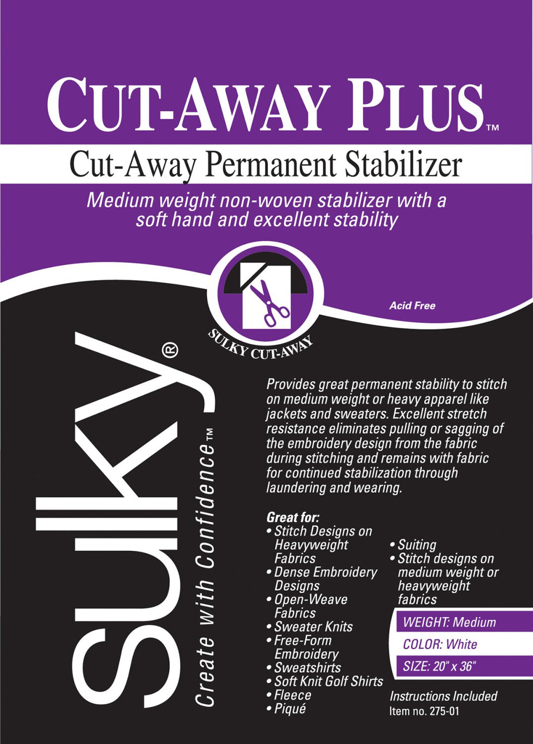 275-01 - Cut Away Plus Midweight Stabiliser White 20in x 1yd - Sulky