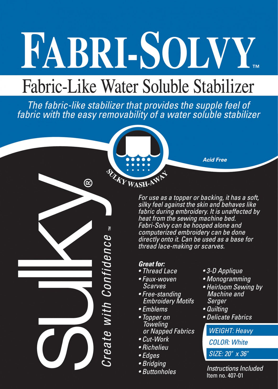 407-01 - Fabri-Solvy Washaway Stabiliser White 20in x 1yd - Sulky