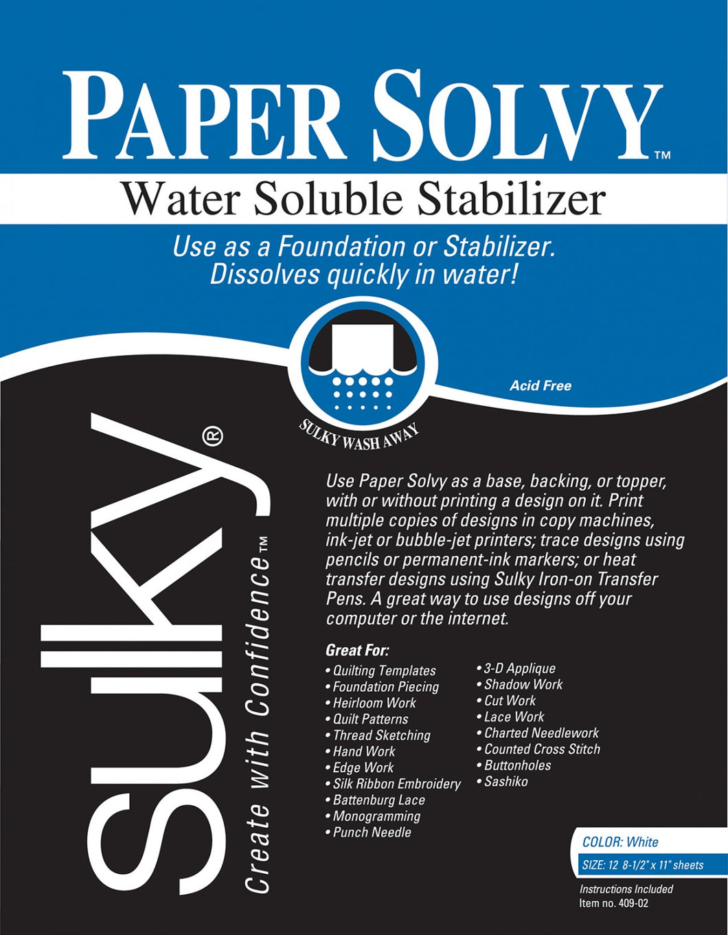 409-02 - Paper Solvy Water Soluble 12x - 8.5in x 11in - Sulky