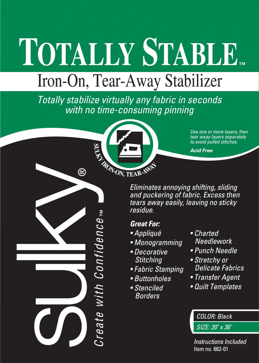 662-01 - Totally Stable Iron-on Tear-Away Stabiliser Black 1yd x 20in- Sulky