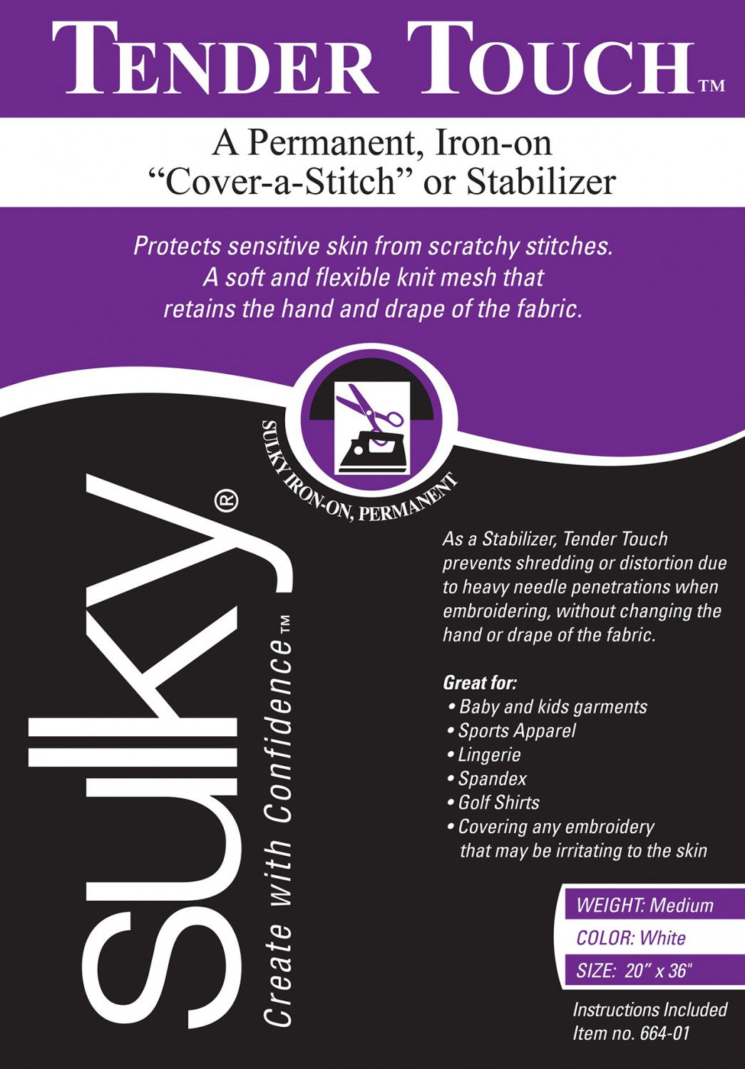 664-01 - Cut Away Tender Touch Iron-On Backing White 36in x 20in - Sulky