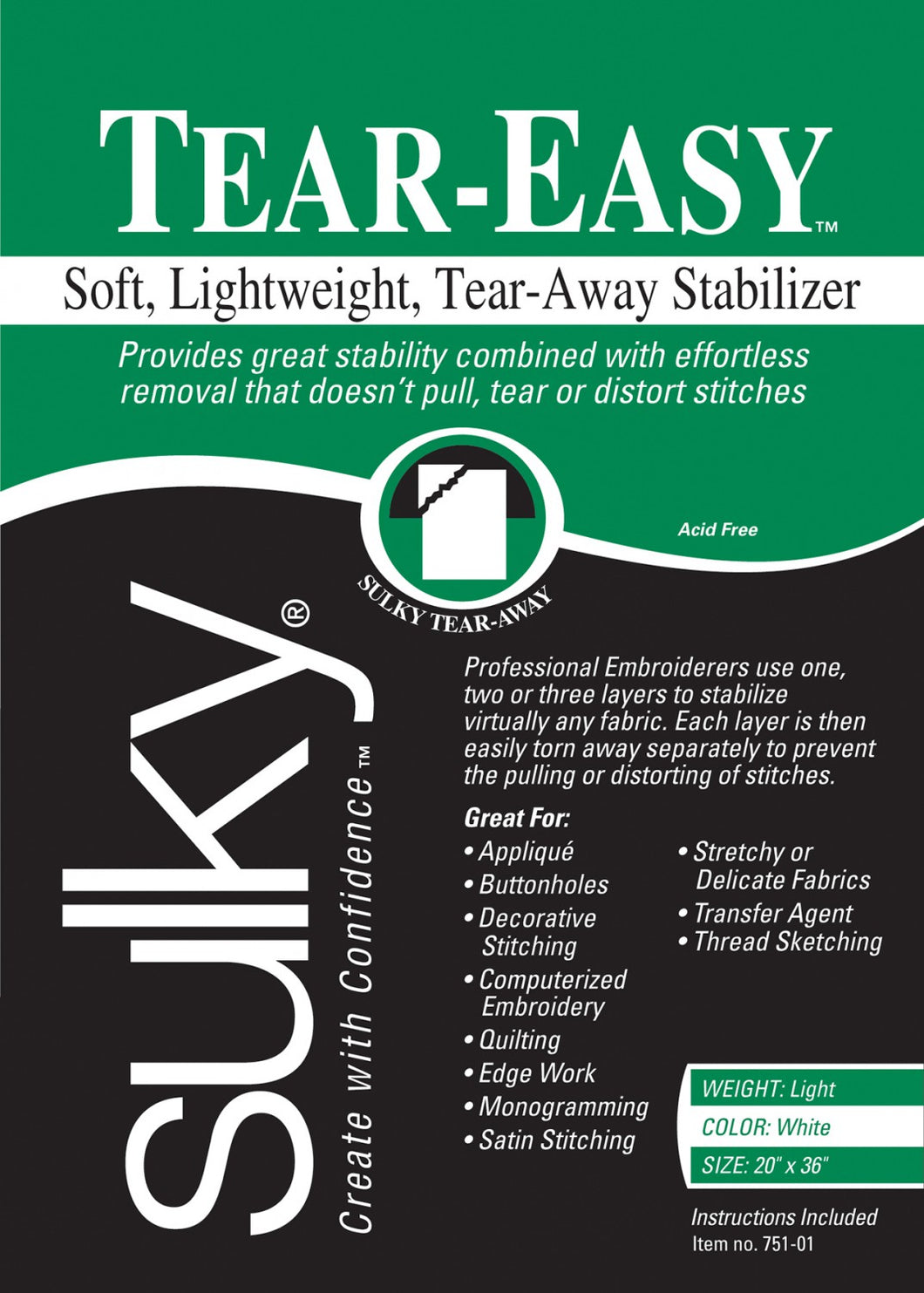 751-01 - Tear Easy Tear-Away Stabliser White 1yd x 20in - Sulky