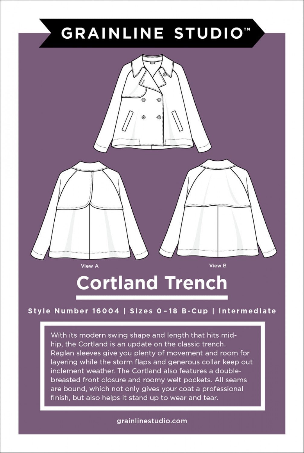 Cortland Trench - Sewing Pattern - Grainline Studio - Sizes 0-18 - Intermediate